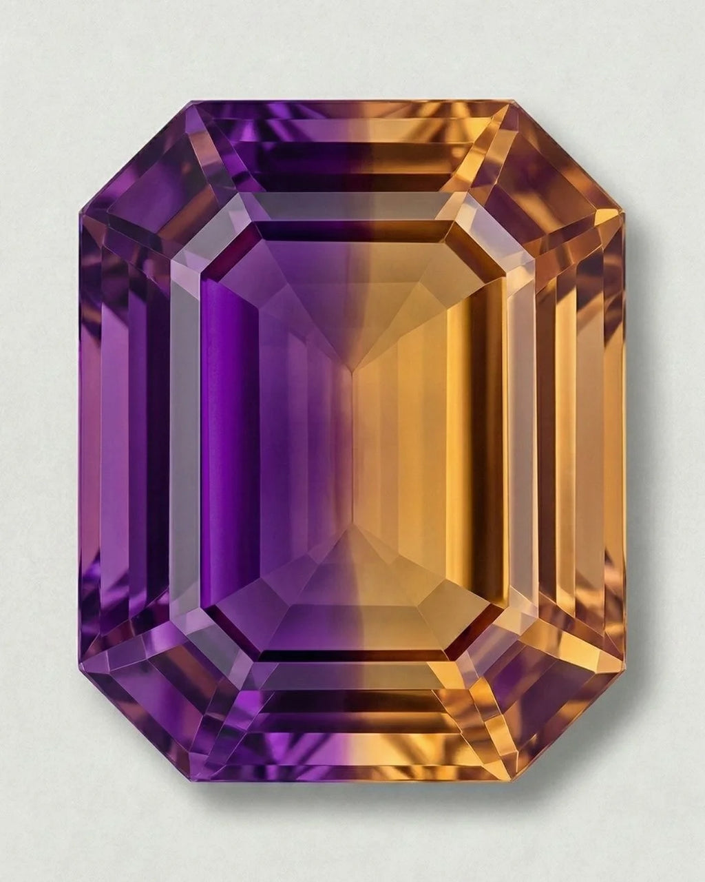 Natural Bolivian ametrine displaying both a violet zone and a golden zone within a single crystal