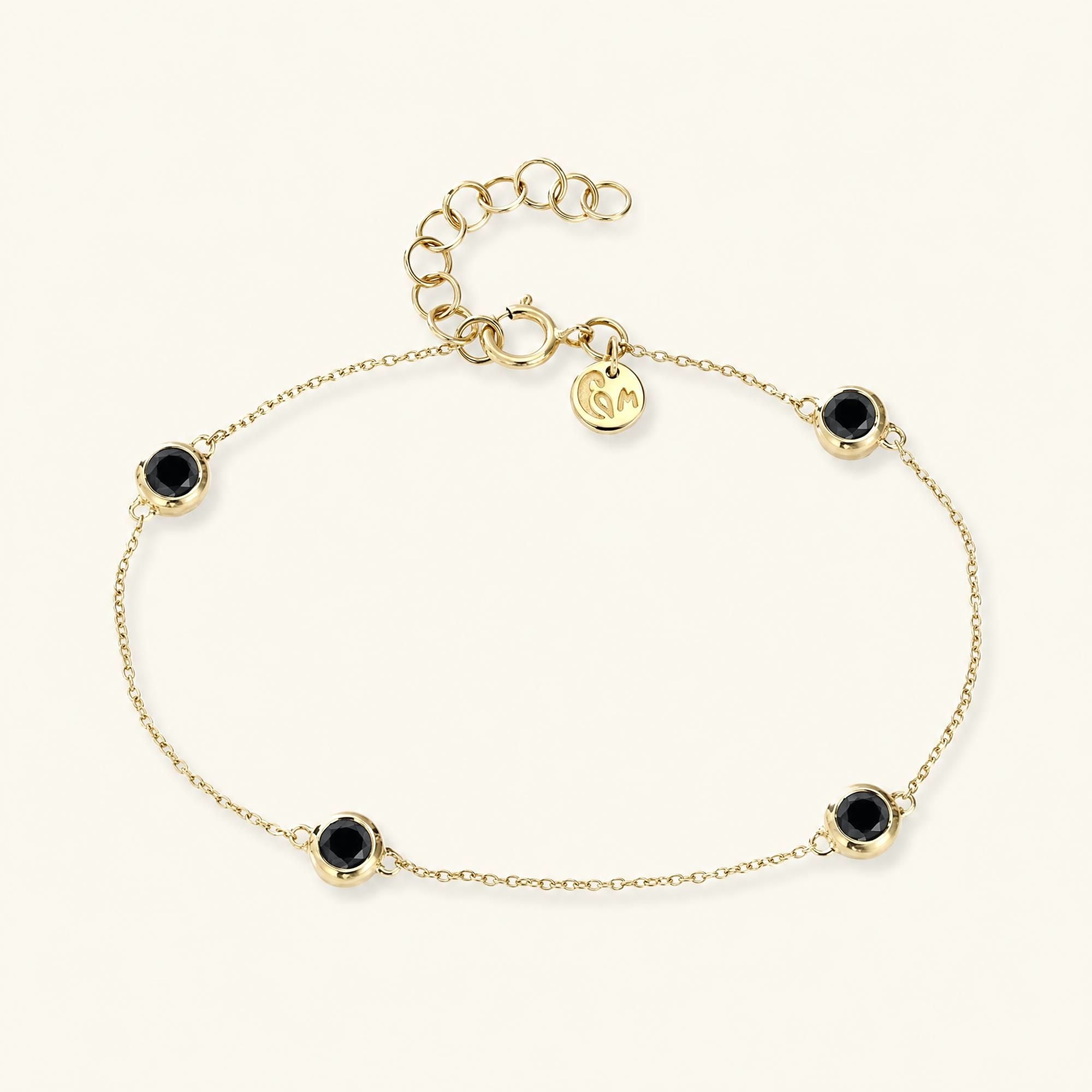 Black diamond bracelet closed settings yellow gold 4x4mm