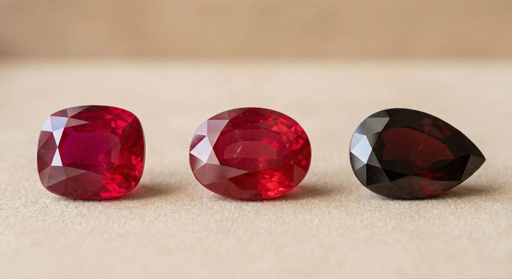 Comparing Ruby red hues: Burmese pigeon's blood, medium red and deep red