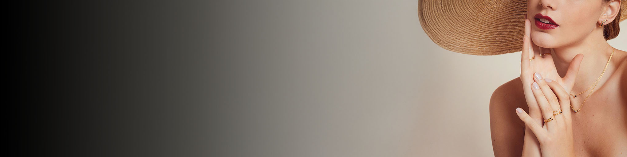 Black diamond rings yellow gold 18K worn by elegant woman in hat, modern refined fine jewellery