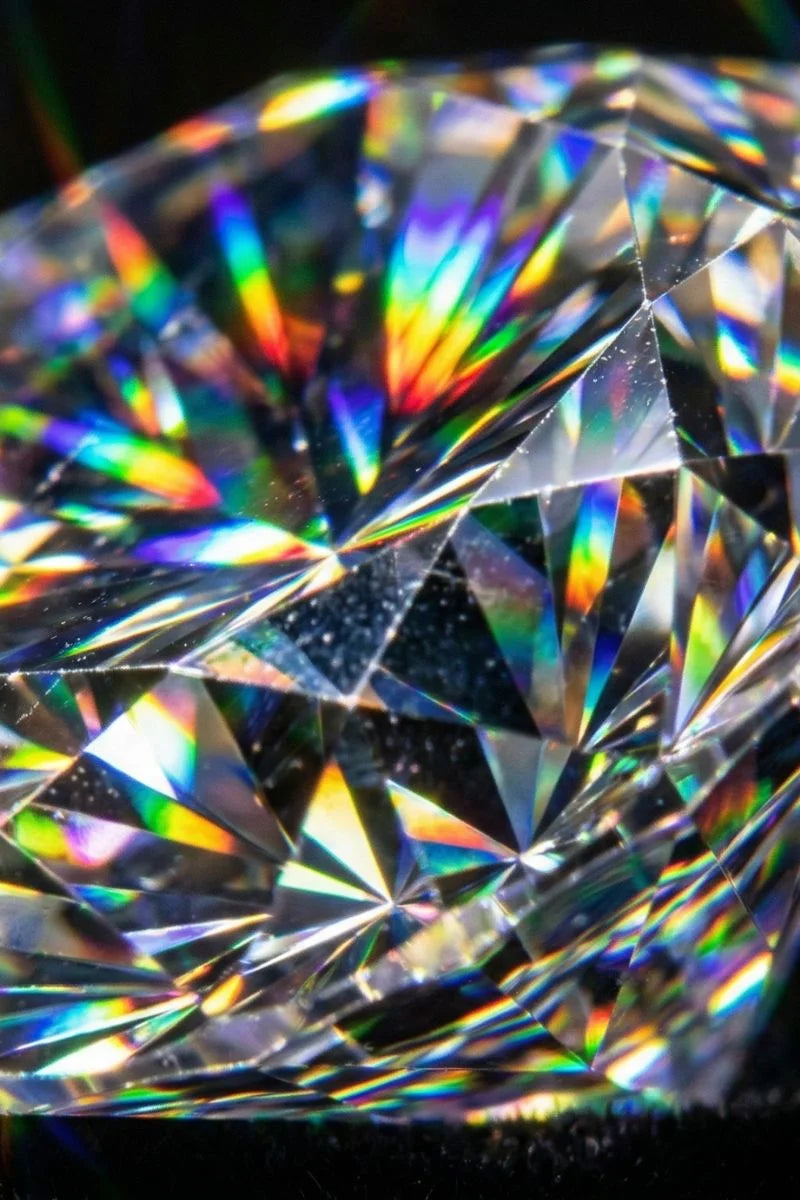 Macro of the facets of a brilliant-cut diamond, rainbow reflections