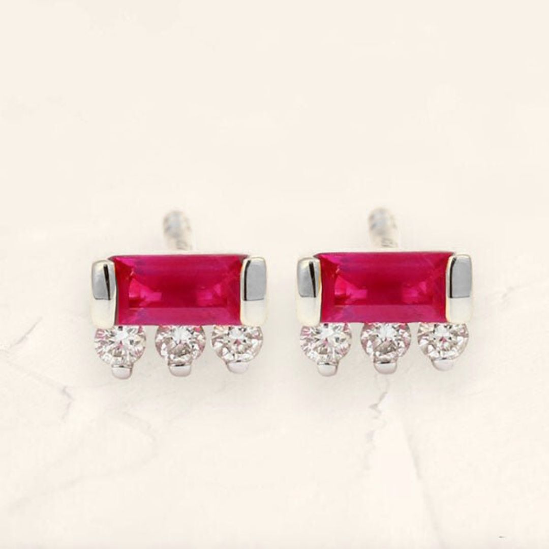 Prana baguette ruby and diamond earrings white gold