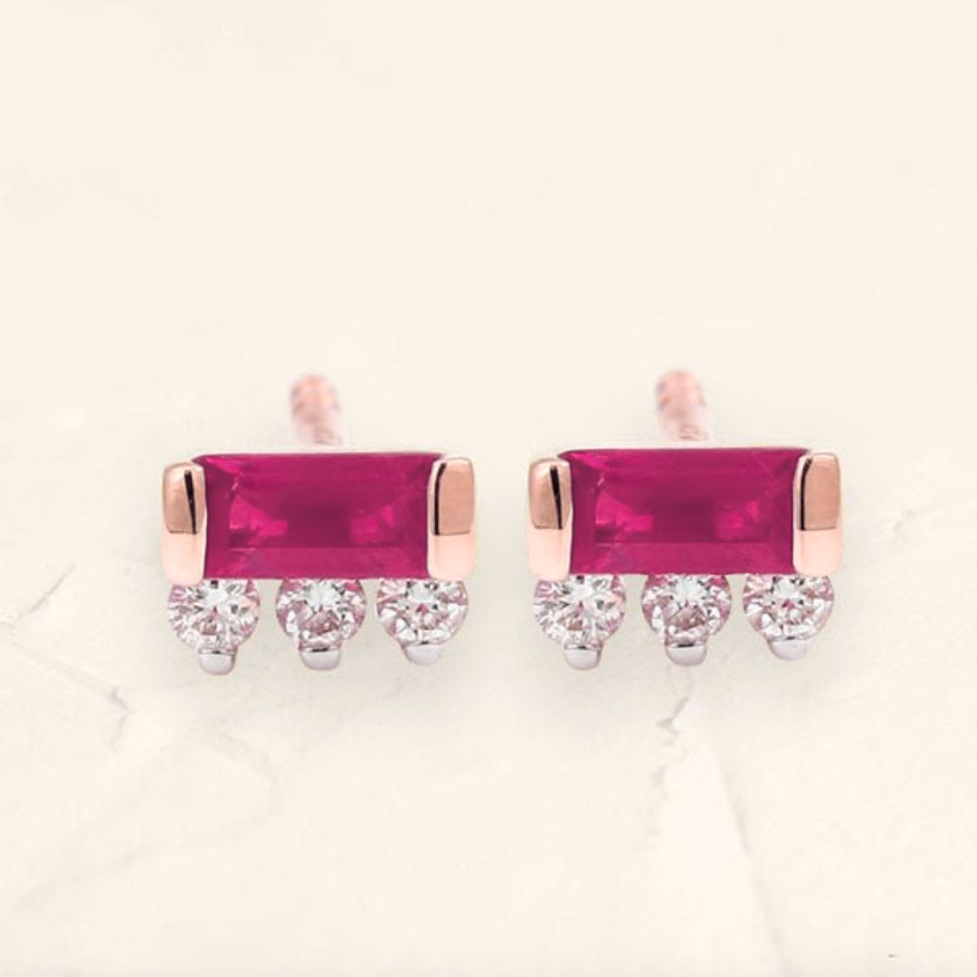 Prana baguette ruby and diamond earrings rose gold