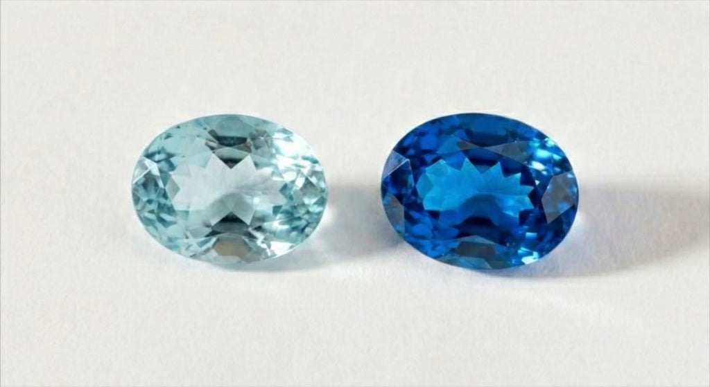 Comparison between an aquamarine and a blue topaz, highlighting the difference in brilliance and colour