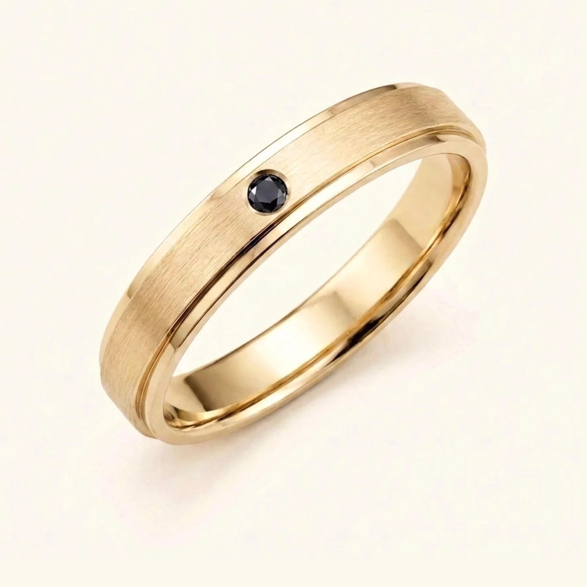 Dhruva black diamond wedding band in 18k yellow gold, brushed band bezel setting