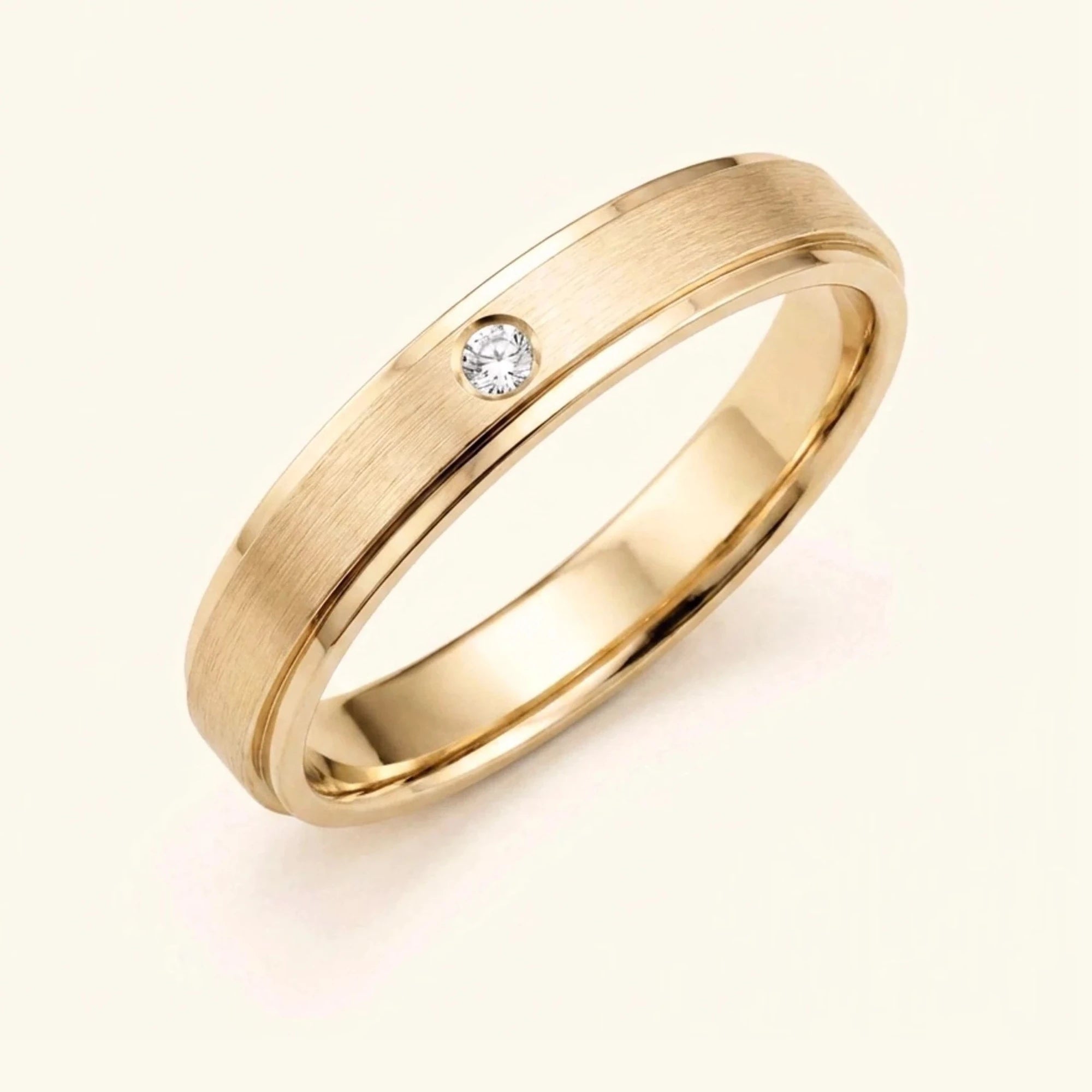 Dhruva diamond wedding band in 18k yellow gold, brushed band bezel setting