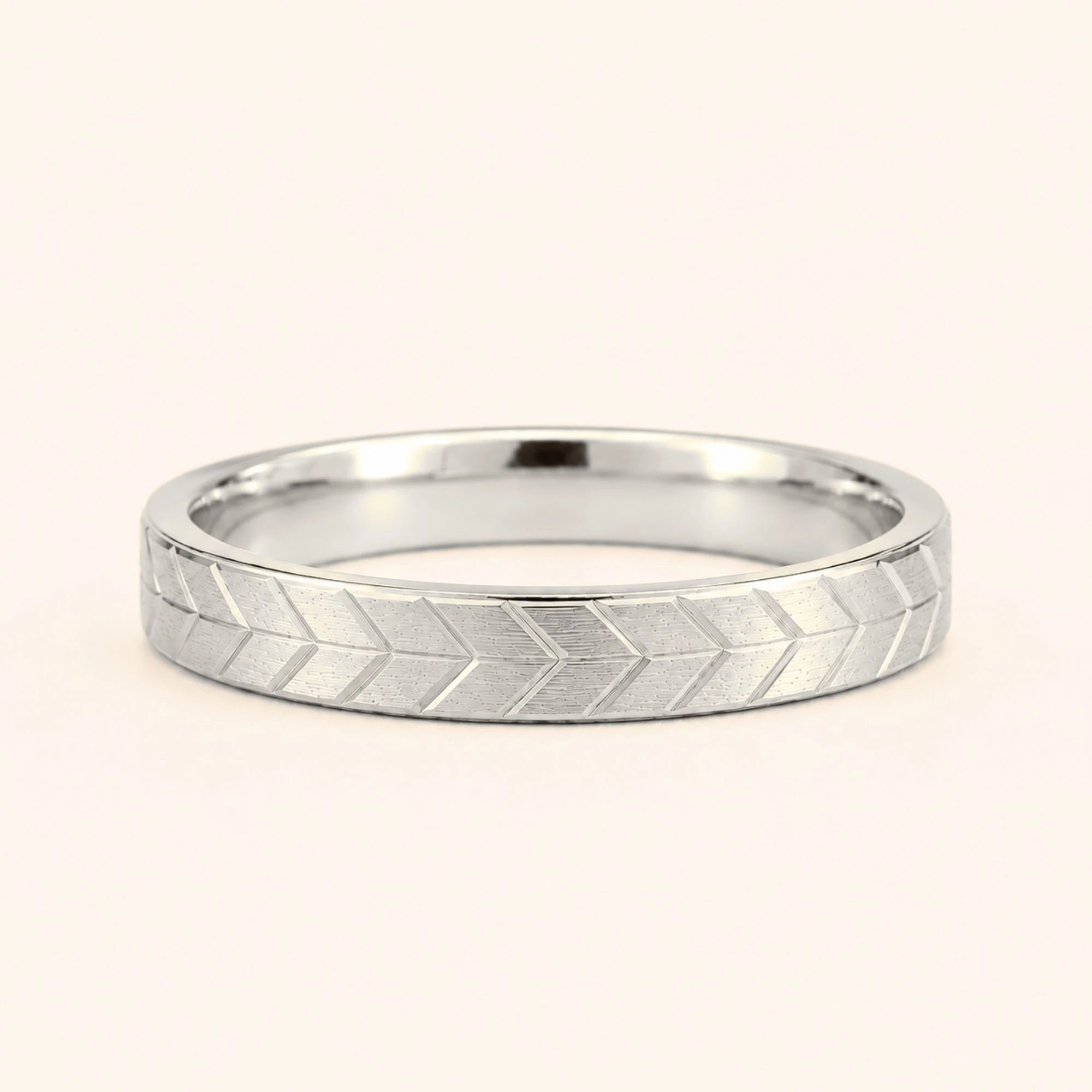 Men's chevron engraved wedding ring white gold 3mm Maât