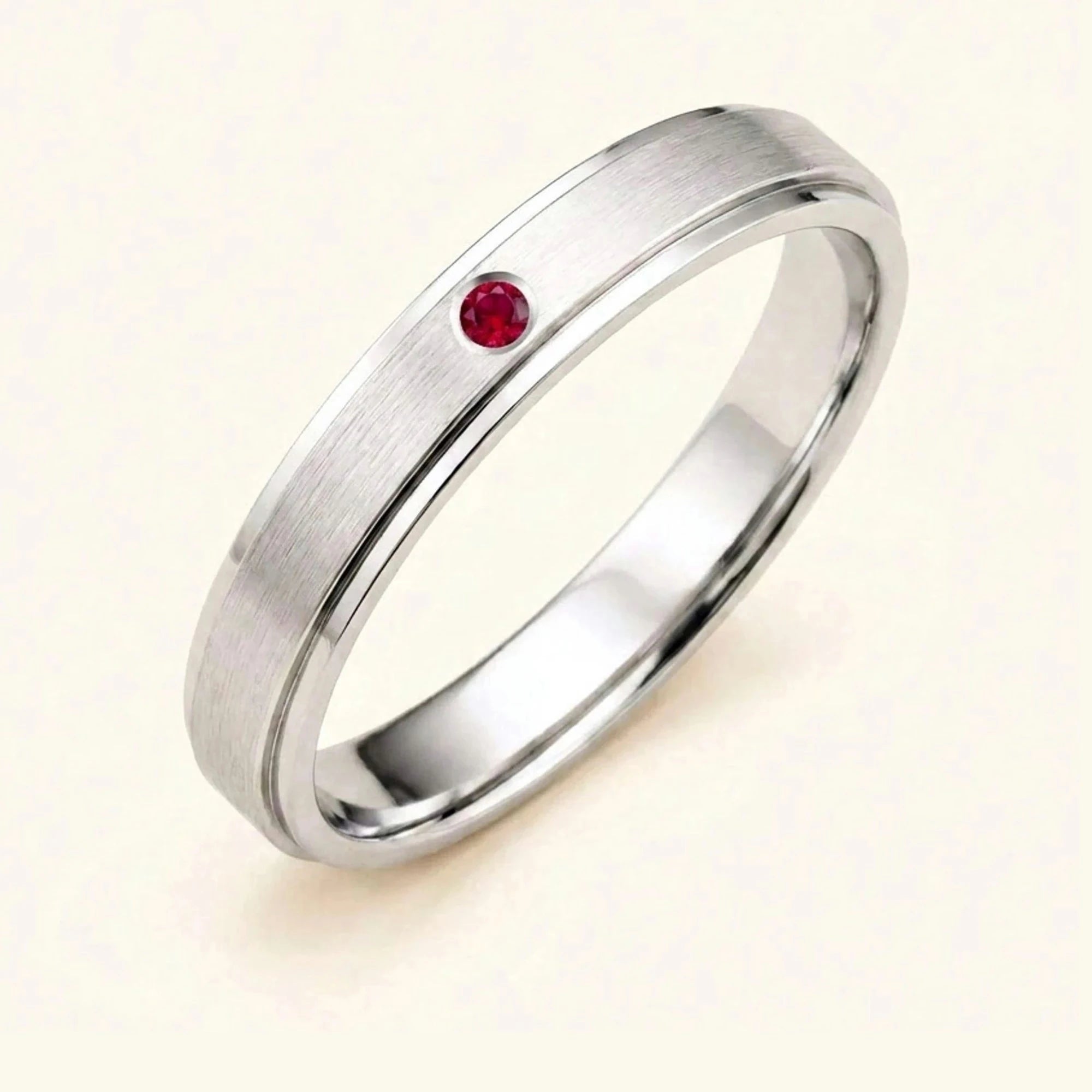 Dhruva 18K white gold ruby wedding ring, brushed bangle close-set