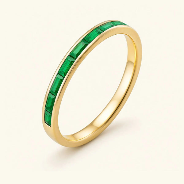 Half-eternity wedding ring baguette cut emeralds for men in yellow gold
