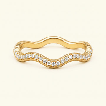 Thalassa wave diamond 18K yellow gold wedding ring, half-eternity grain set