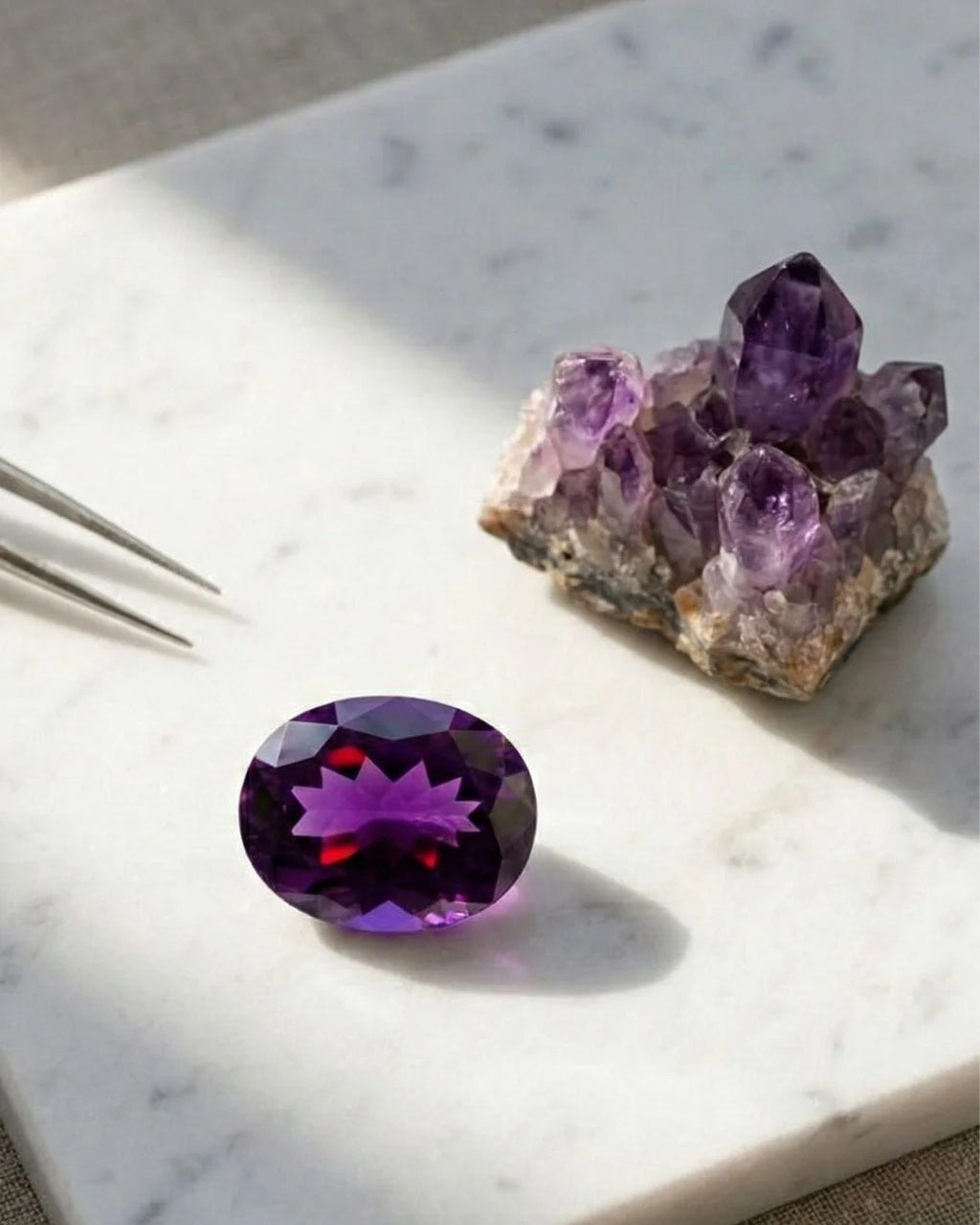 Deep Siberian amethyst in an oval cut, showcasing an intense violet hue with red highlights