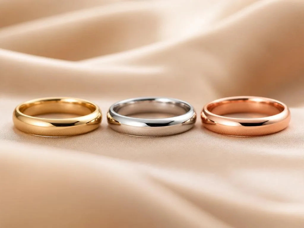 Trois alliances en or 18 carats sur soie beige : or jaune, or blanc et or rose côte à côte