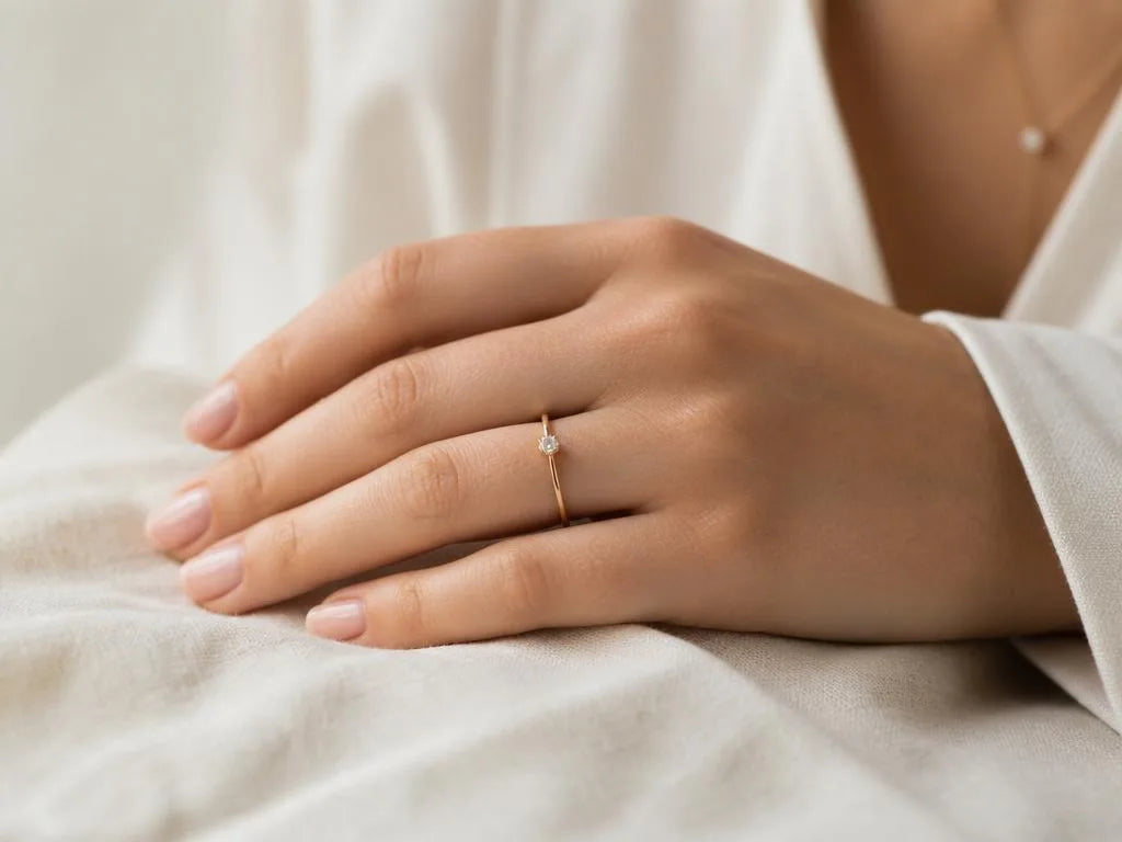An elegant feminine hand wearing a fine 18ct gold solitaire ring on natural linen fabric, minimalist style by Mayuri
