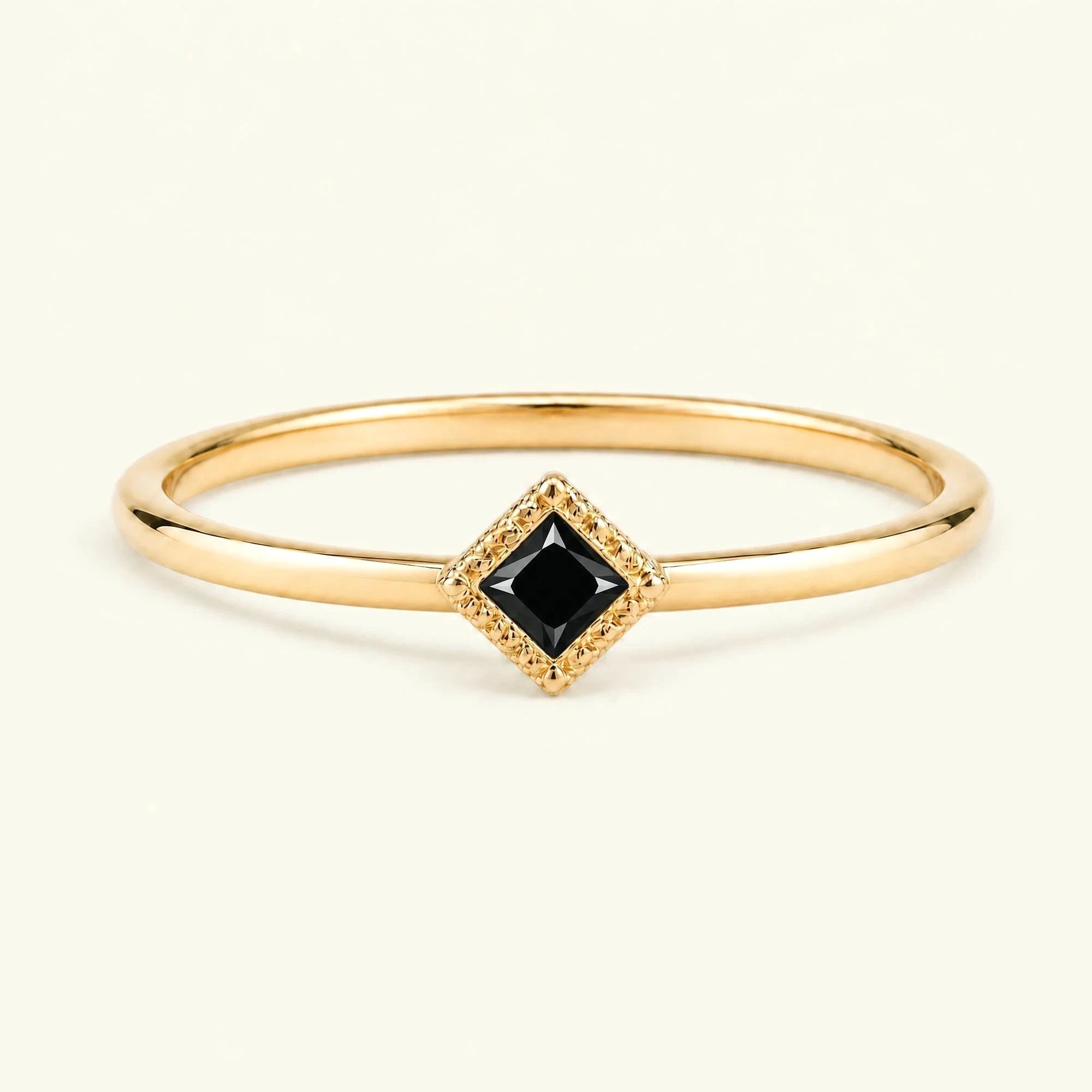 Indrani vintage engagement ring, 4mm princess black diamond solitaire twisted setting 18K yellow gold