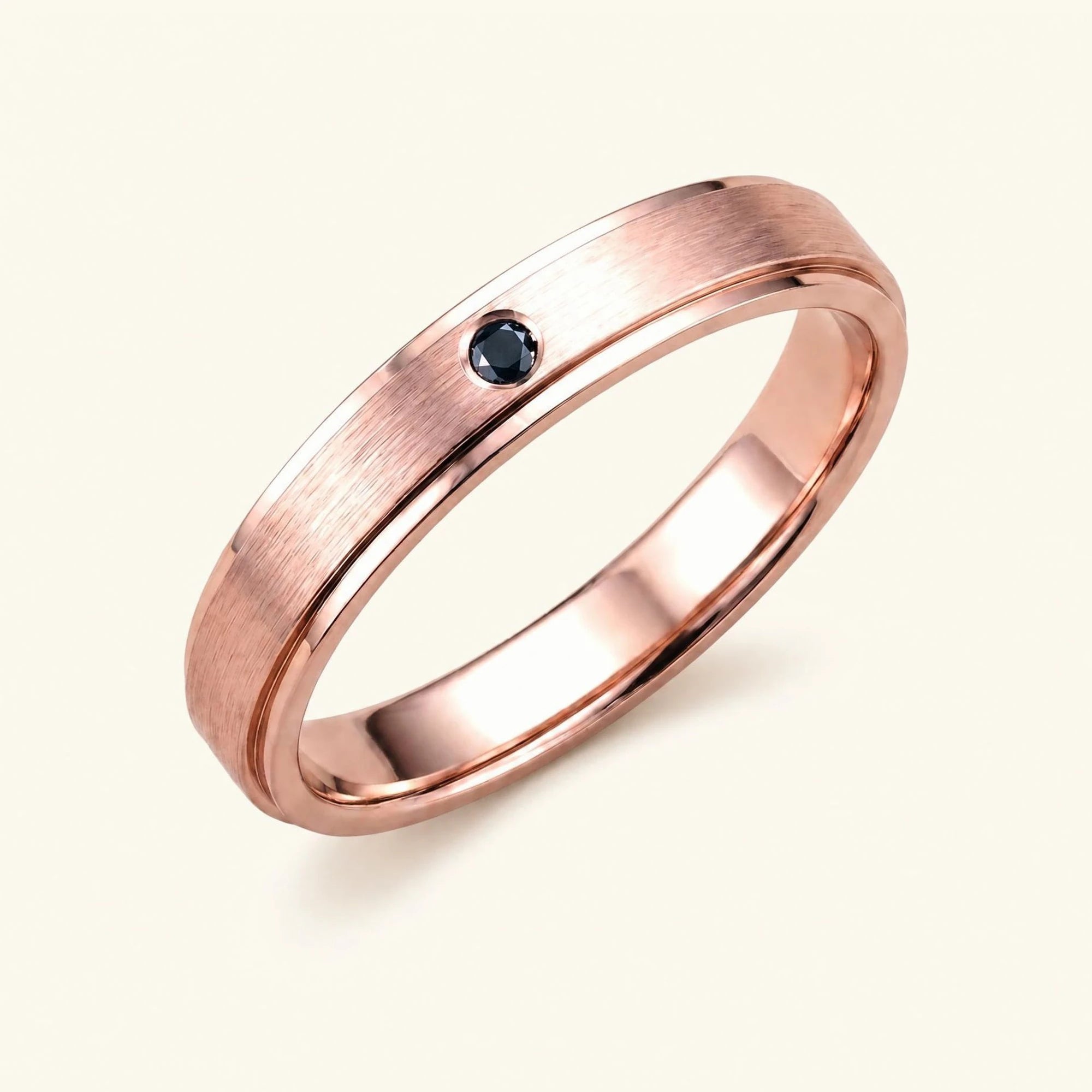 Dhruva black diamond wedding band in 18k rose gold, brushed band bezel setting