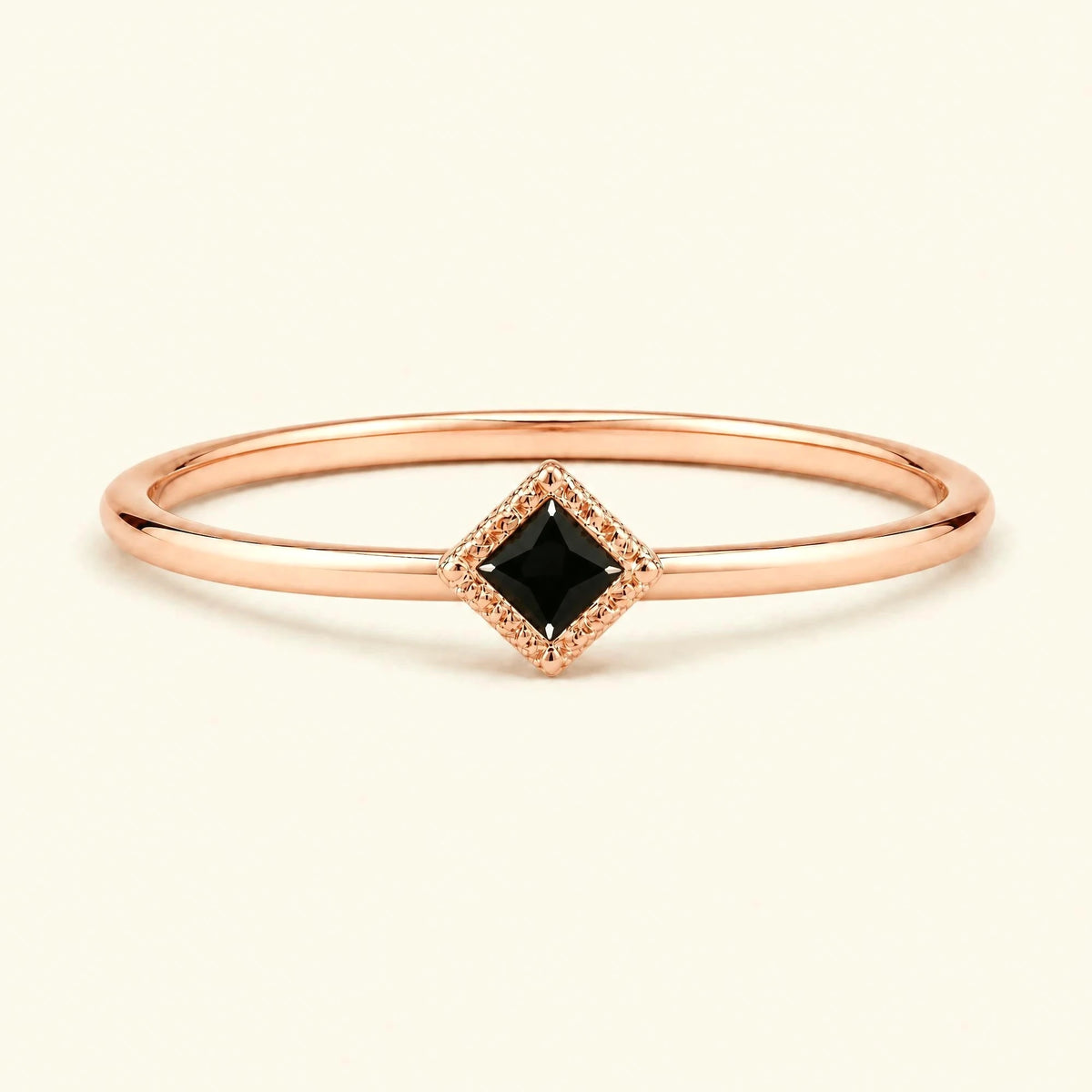 Indrani black diamond solitaire ring, princess square stone twisted setting 18K rose gold