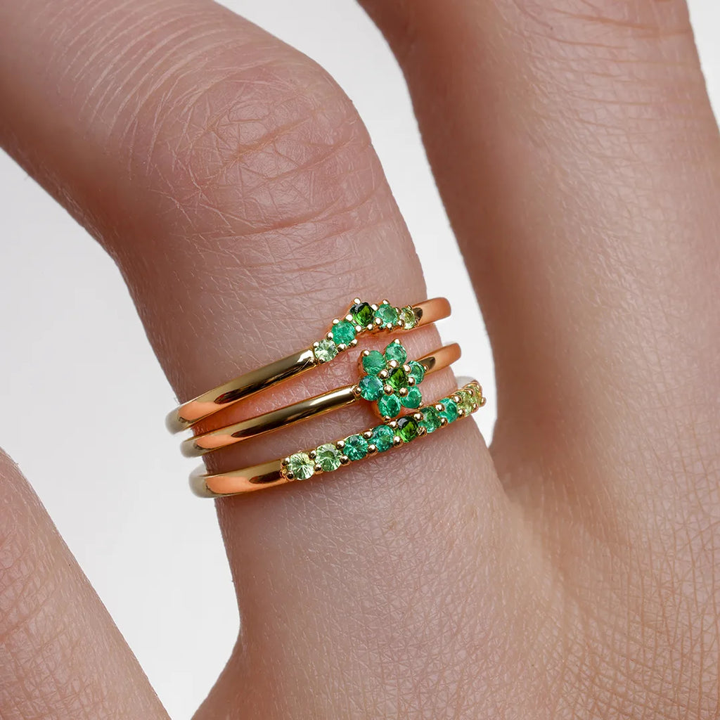 Stacking the Canopée Emerald rings Mayuri Surya, Anaya and Kiran in 18K Gold