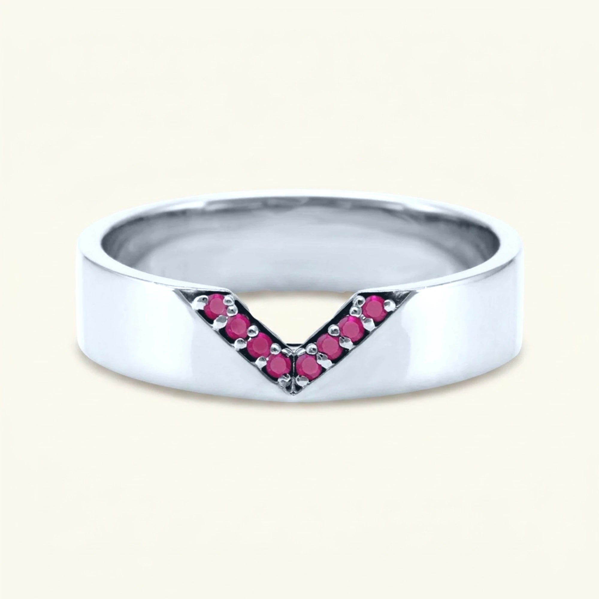 Bague en V pavée de rubis pour homme en or blanc