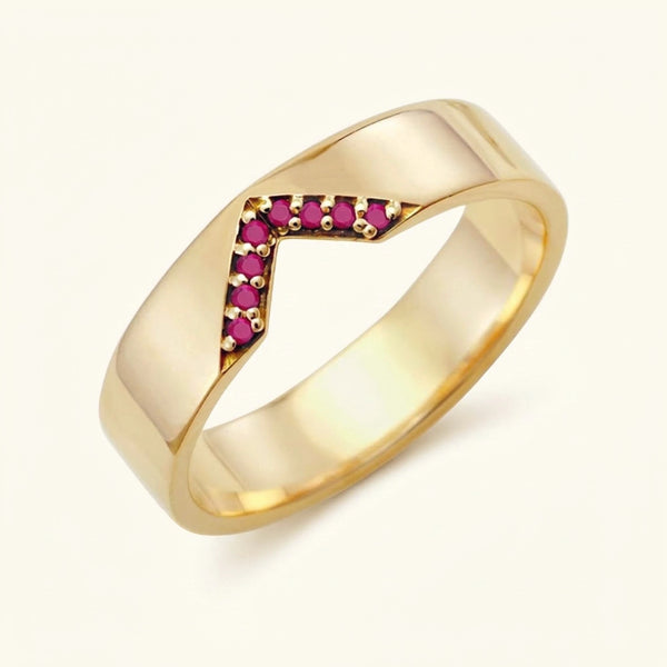 V-shaped ring pavé set with rubies for men in yellow gold