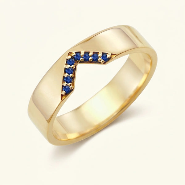 Bague en V pavée de saphirs pour homme en or jaune