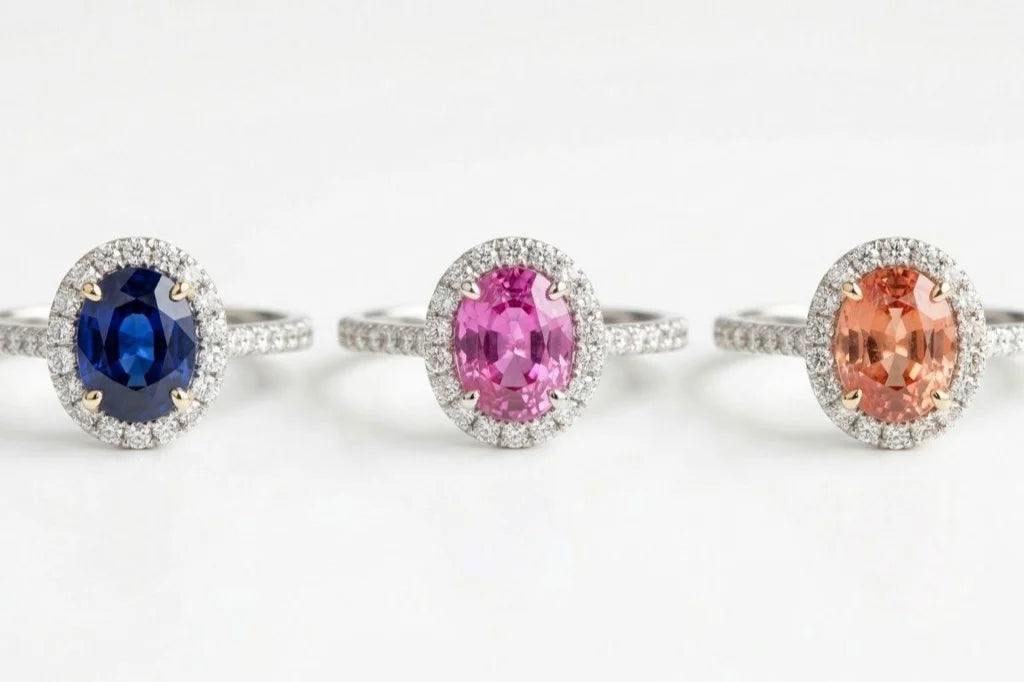 Royal blue, pink and padparadscha Sapphire engagement rings with diamond halos on a neutral background