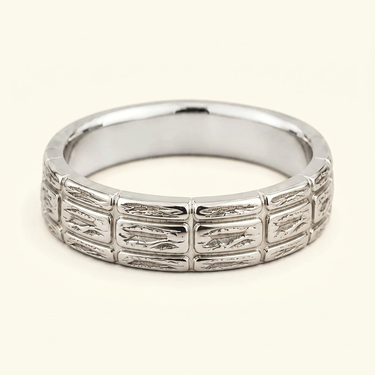 Men's wide Sobek ring in 18K white gold, 6 mm band with three rows of crocodile scales
