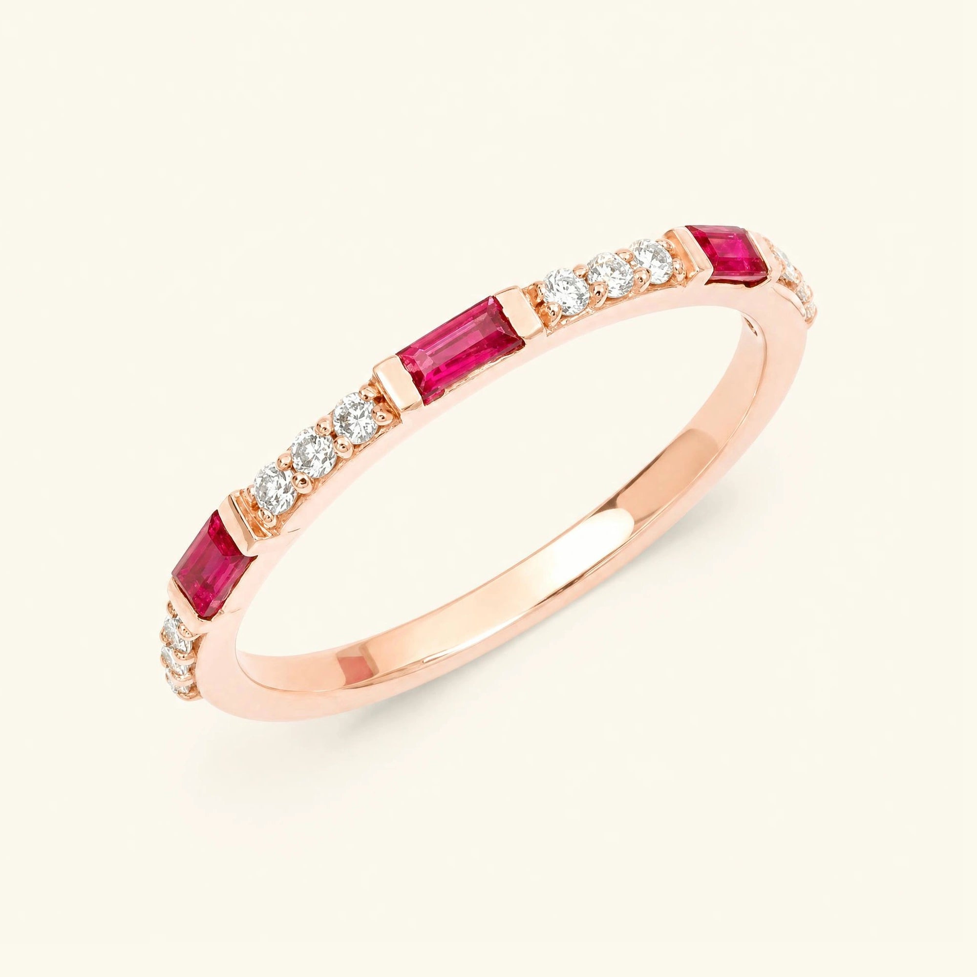 alliance rubis diamant baguette en or rose Moksha