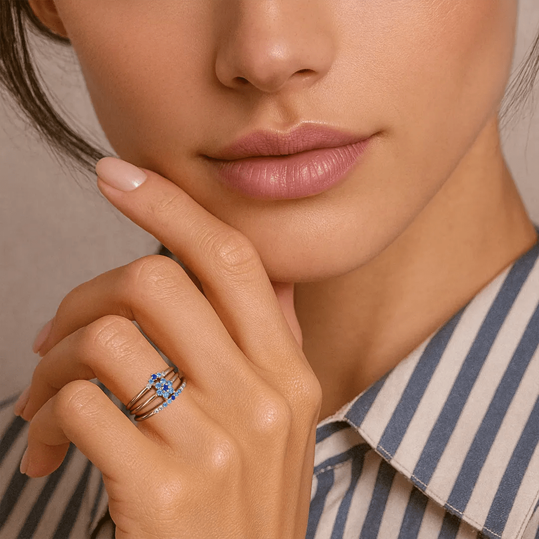 Layered rings in blue and white horizon sapphire