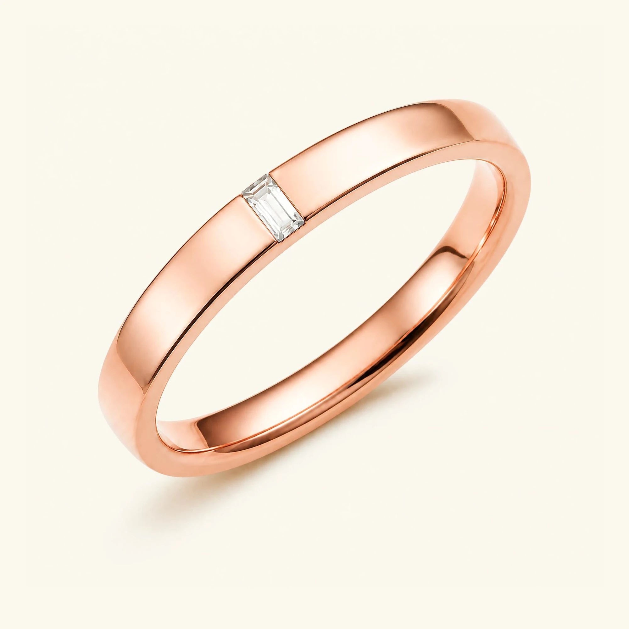 Bague solitaire baguette de diamant blanc pour homme en or rose