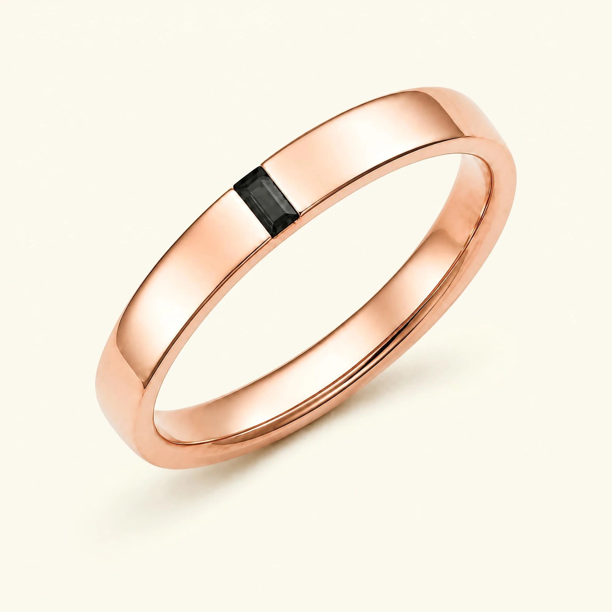Bague solitaire baguette de diamant noir pour homme en or rose