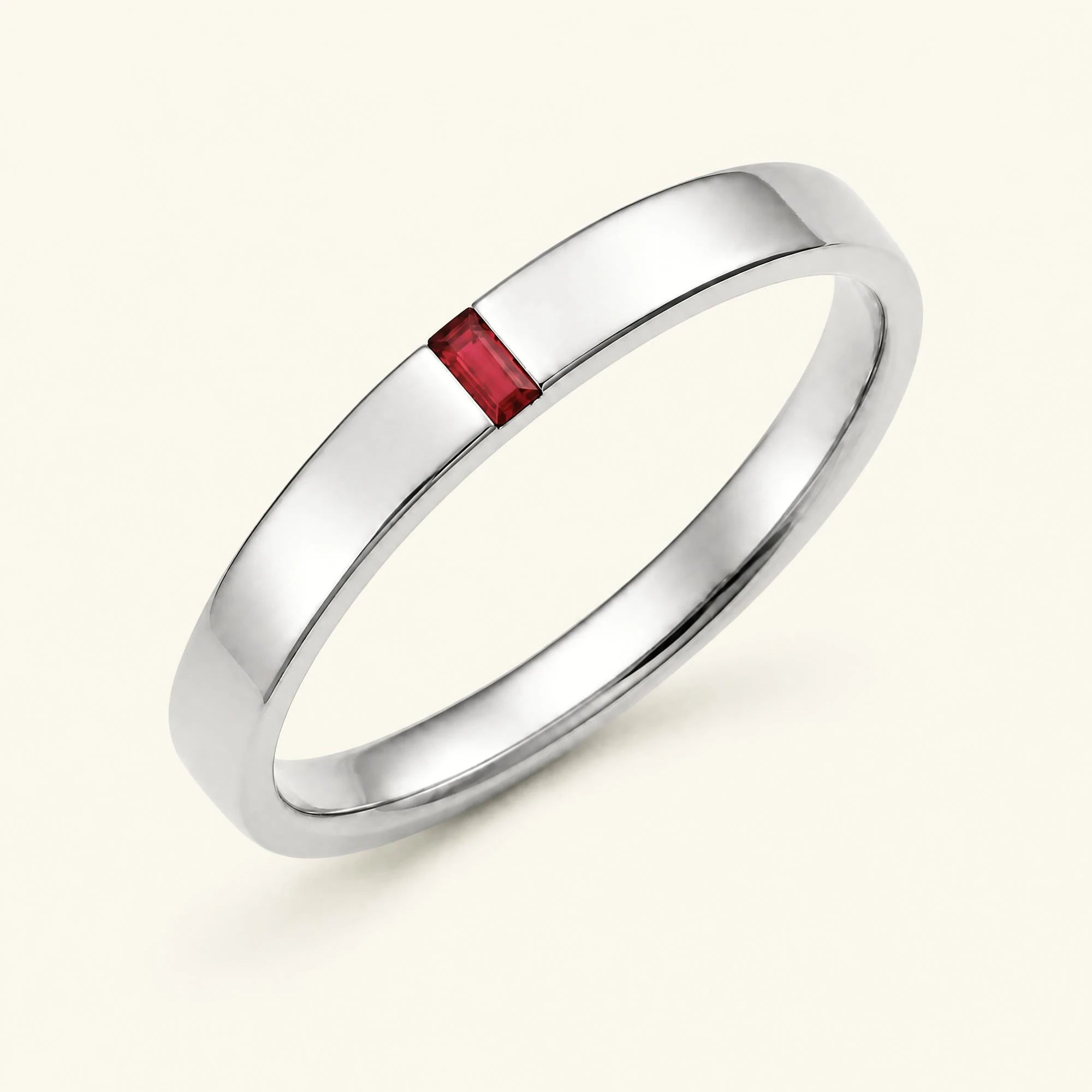 Solitaire baguette cut ruby ring for men in white gold