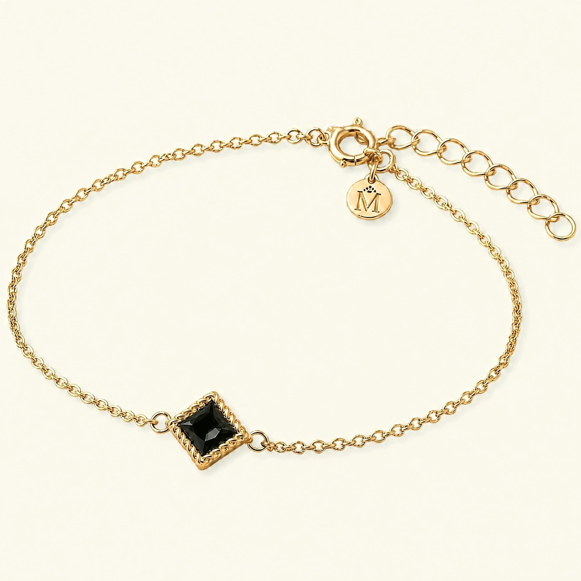 Indrani black diamond solitaire bracelet, 4mm princess twisted setting fine chain 18K yellow gold