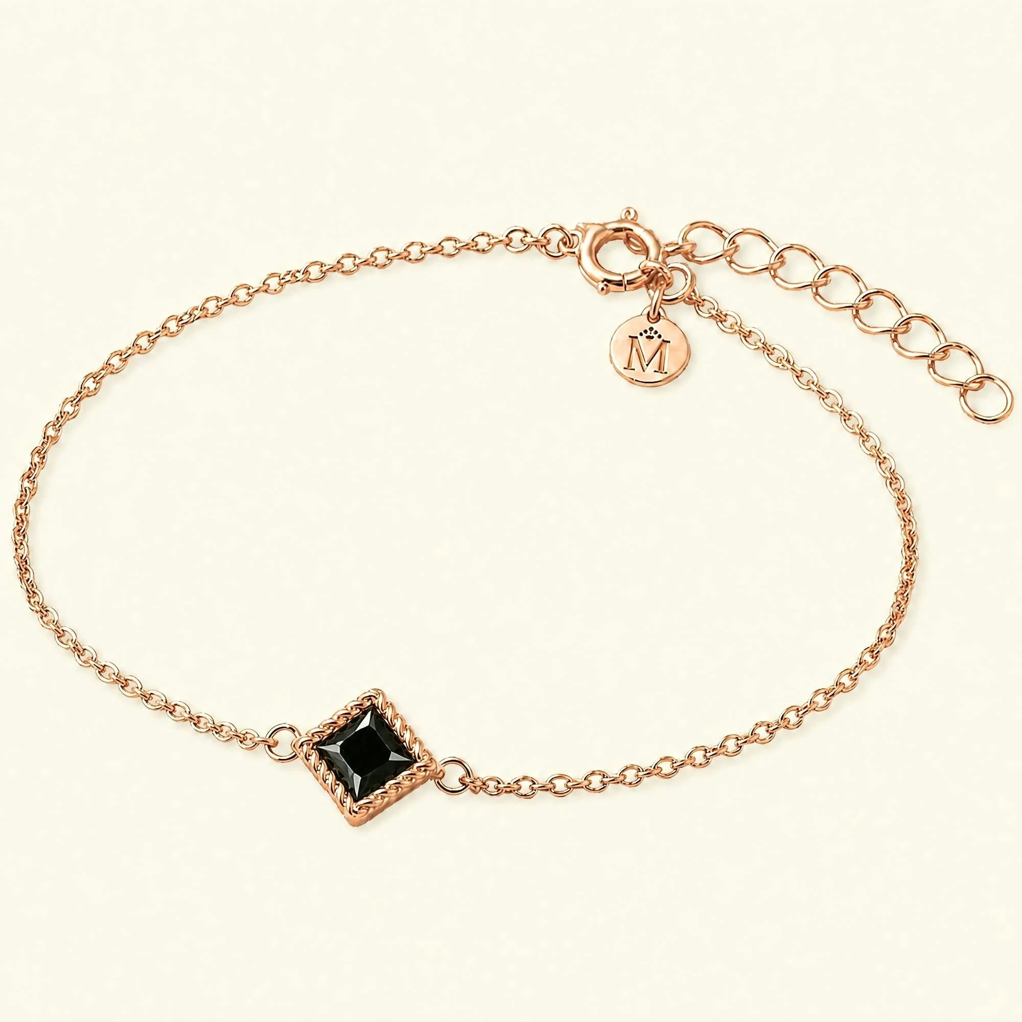 Indrani black diamond solitaire bracelet fine chain, princess twisted setting 18K rose gold