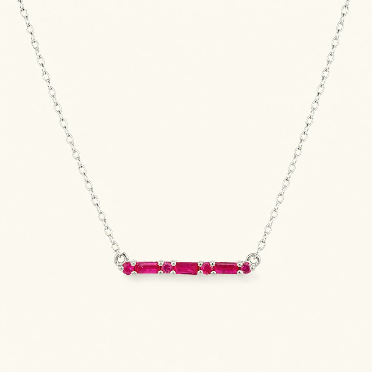 Bhagya horizontal geometric ruby baguette necklace in white gold