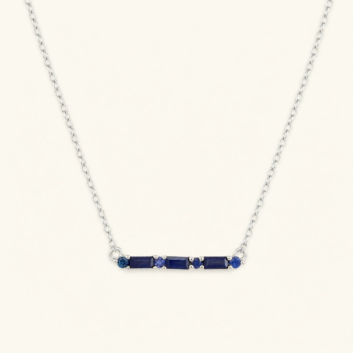 Bhagya horizontal geometric sapphire baguette necklace in white gold