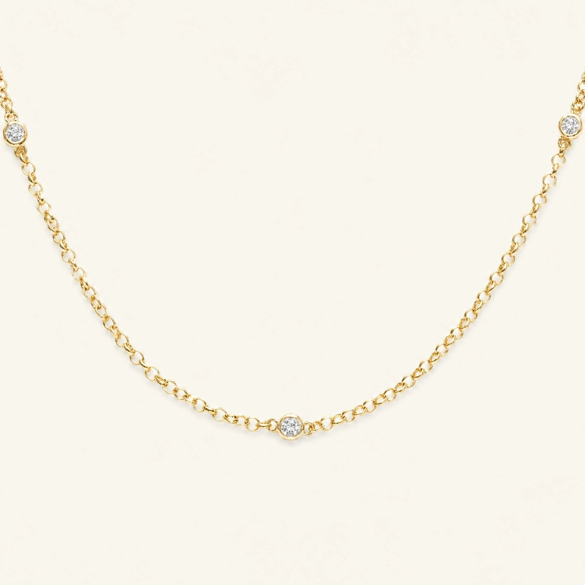 Asonya diamond necklace in 18K yellow gold, fine chain choker with 3 bezel-set diamonds