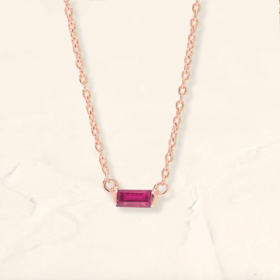Shanti ruby baguette necklace in rose gold