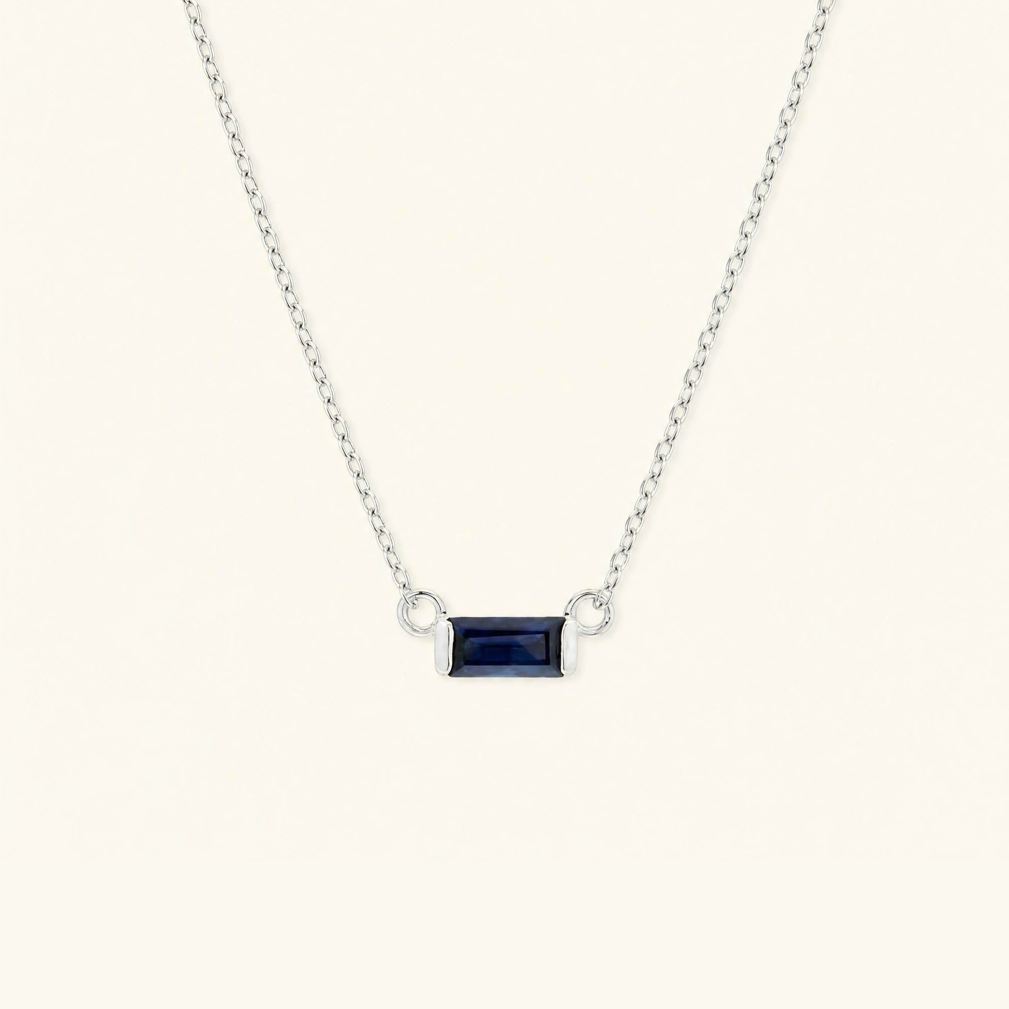 Shanti baguette cut sapphire necklace in white gold