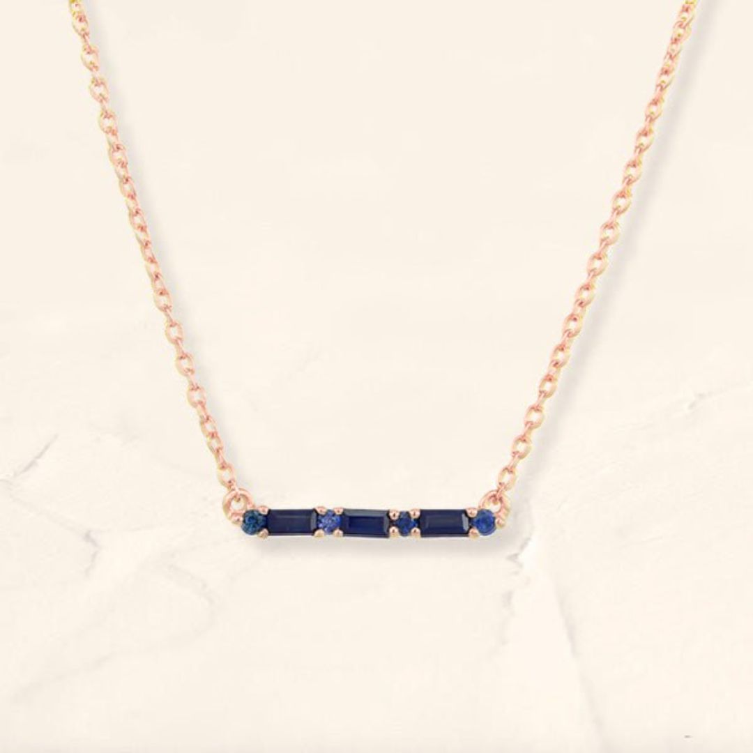 Bhagya horizontal sapphire geometric baguette necklace rose gold