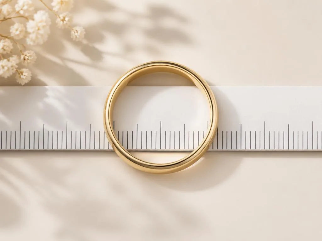 An 18ct yellow gold wedding ring placed on a ruler to measure the inner diameter and determine ring size