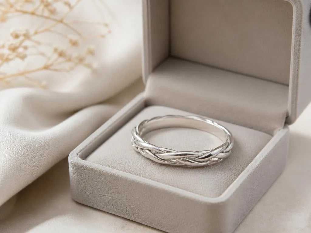 Braided 925 silver bracelet stored in a beige velvet case for protection