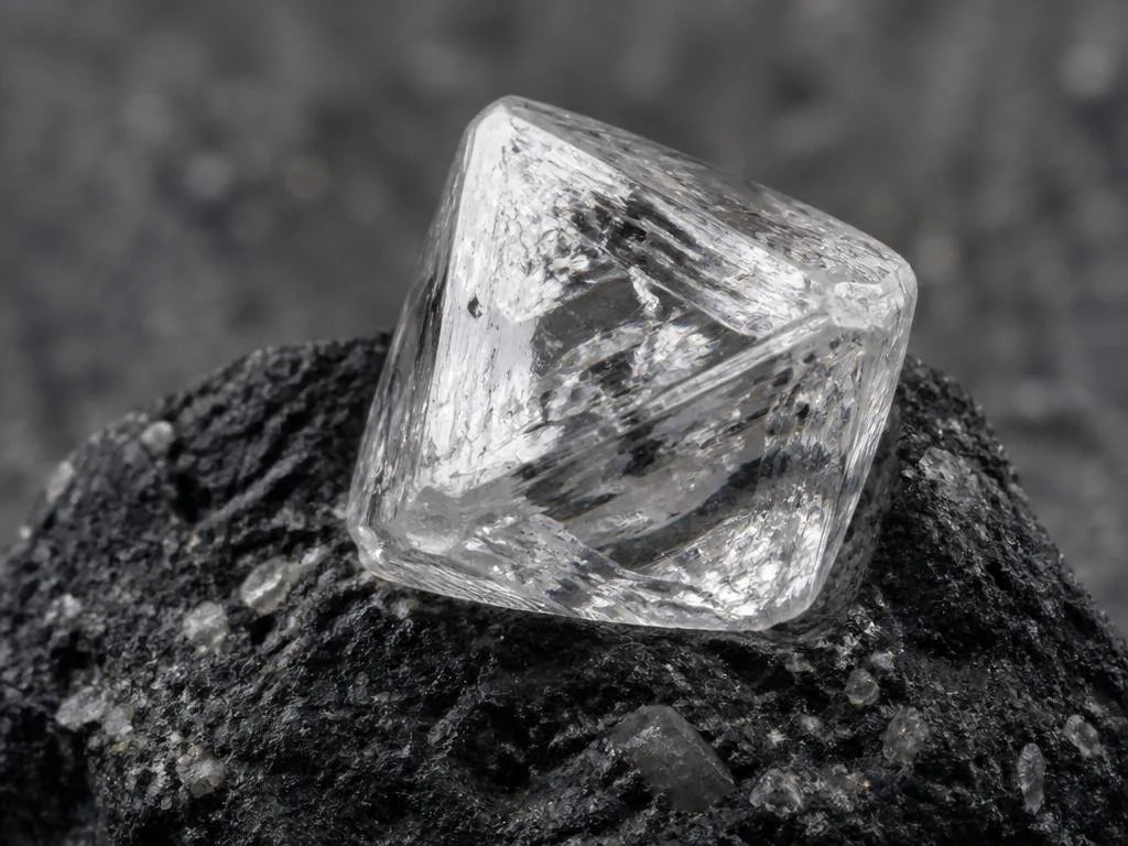 Translucent octahedral rough diamond crystal resting on a black kimberlite volcanic rock