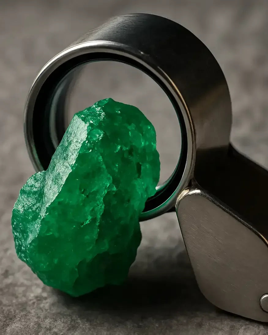 Cristal d'émeraude brut naturel examiné à la loupe de gemmologue pour étudier sa formation géologique