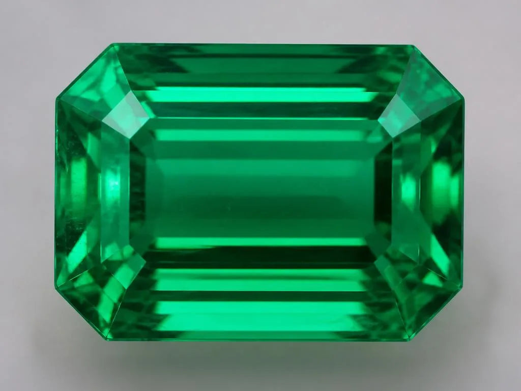 Natural emerald in an emerald cut, showcasing the gemstone's characteristic saturated green hue