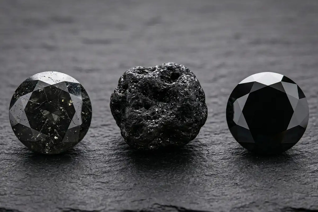The three types of black diamonds: natural with inclusions, carbonado, and treated; a gemological comparison