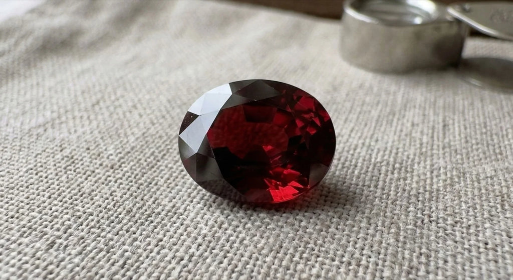 Oval-cut red garnet in natural light, revealing a deep red brilliance