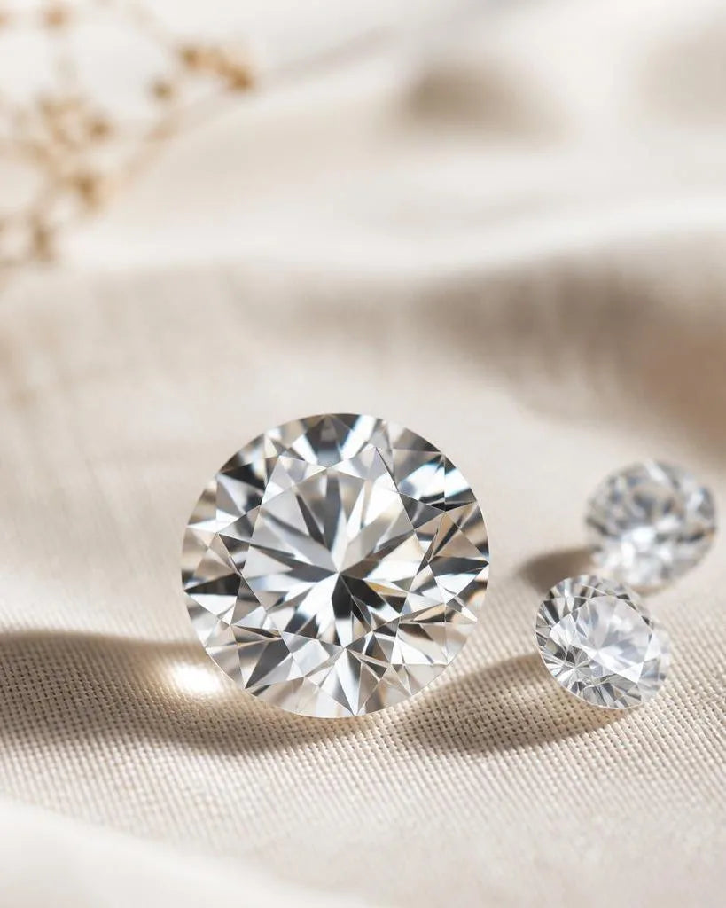 Diamant taille brillant 1 carat et diamants plus petits sur lin crème