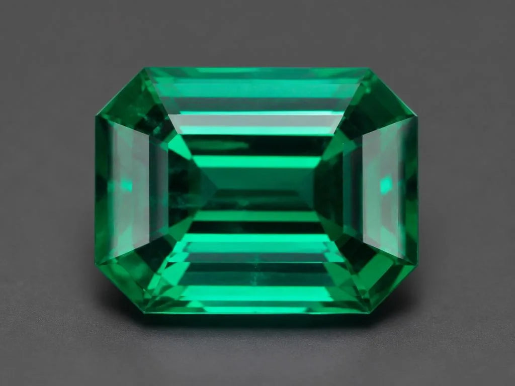 A natural emerald cut in an octagonal emerald shape, showcasing its facets and deeply saturated green hue