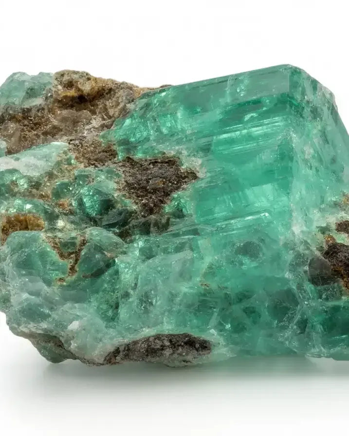 Cristal d'émeraude brut naturel sur gangue montrant la couleur verte saturée et les inclusions caractéristiques