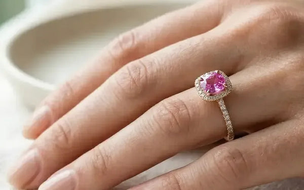 Pink sapphire and diamond engagement ring in 18K white gold worn on finger by Mayuri
